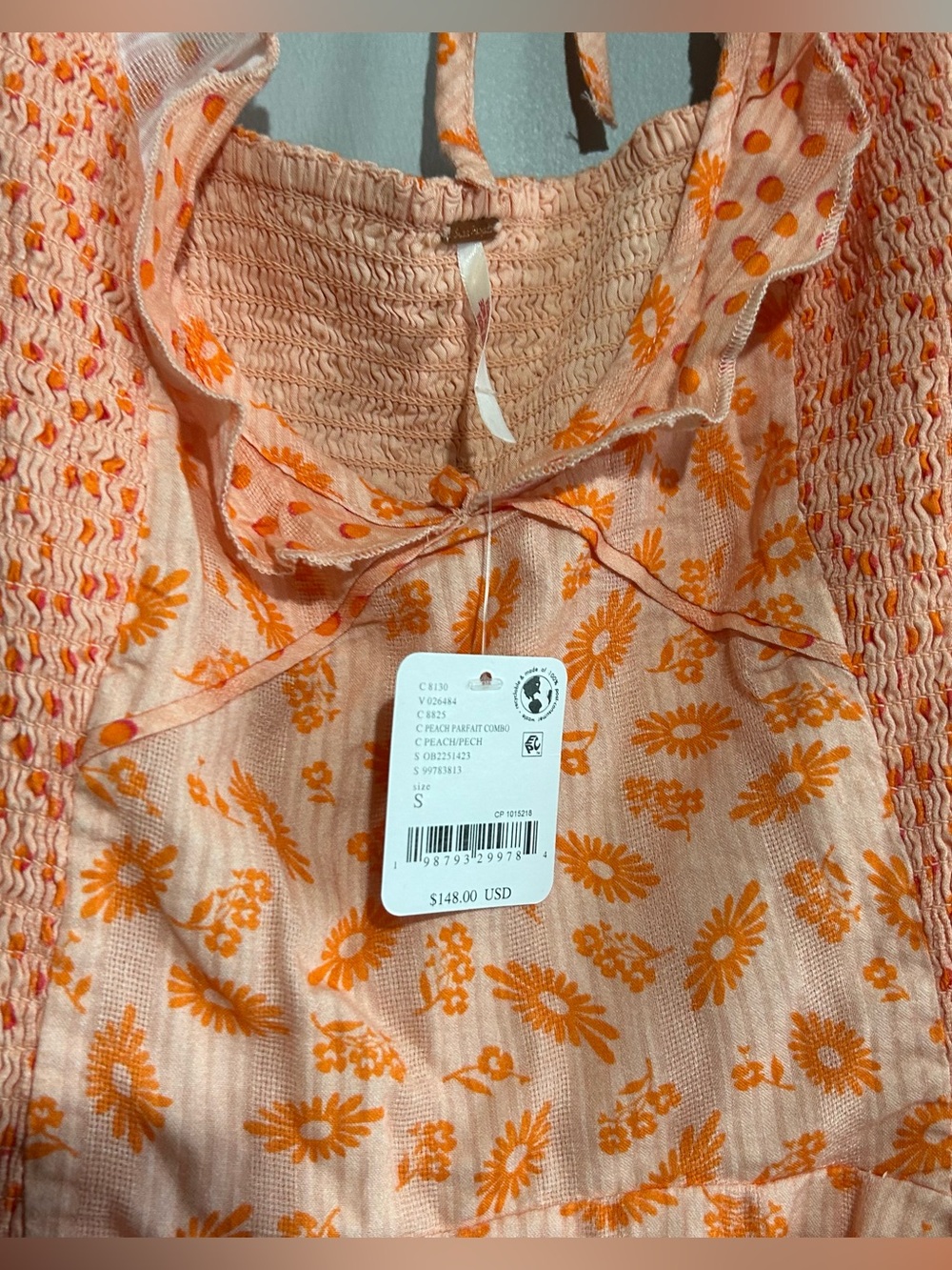 New Free People Smocked Mini Dress in Peach Floral small - Picture 5 of 7